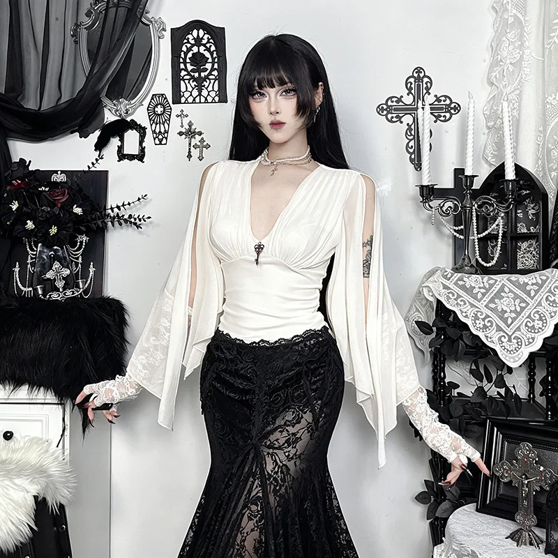 ONE TO WAN Sexy Harajuku White V Neck Backless Tie Up Cut Out Flare Chiffon Sleeve Key Charm Women Girl Tops Clubwear Daily Wear