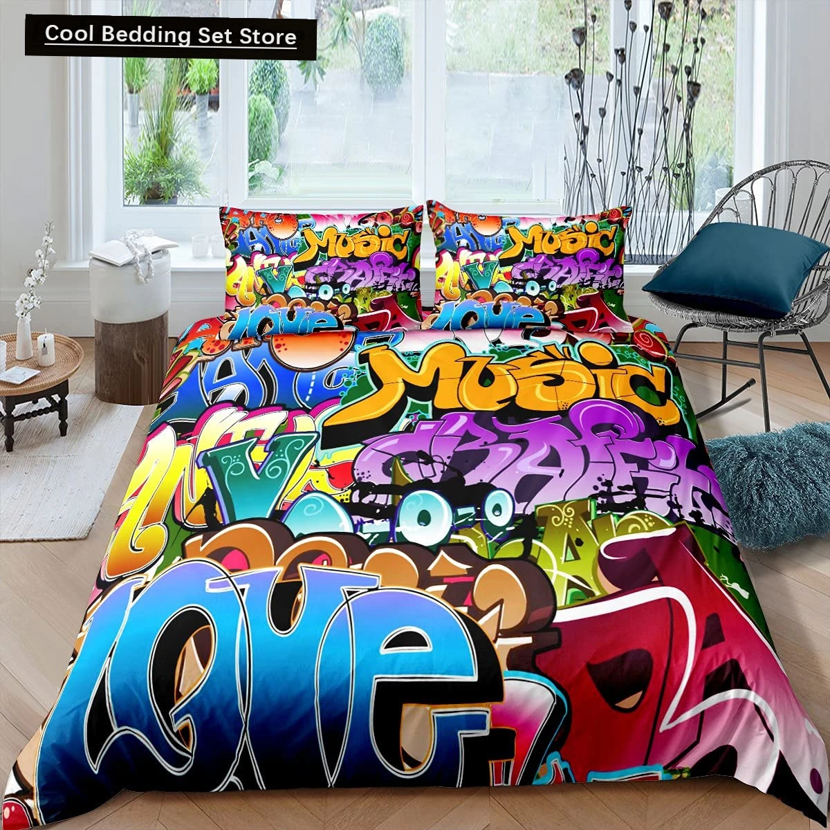 

Hippie Graffiti King Queen Duvet Cover Hip Hop Bedding Set for Kids Teens Adults Wall Urban Street Art Polyester Quilt Cover