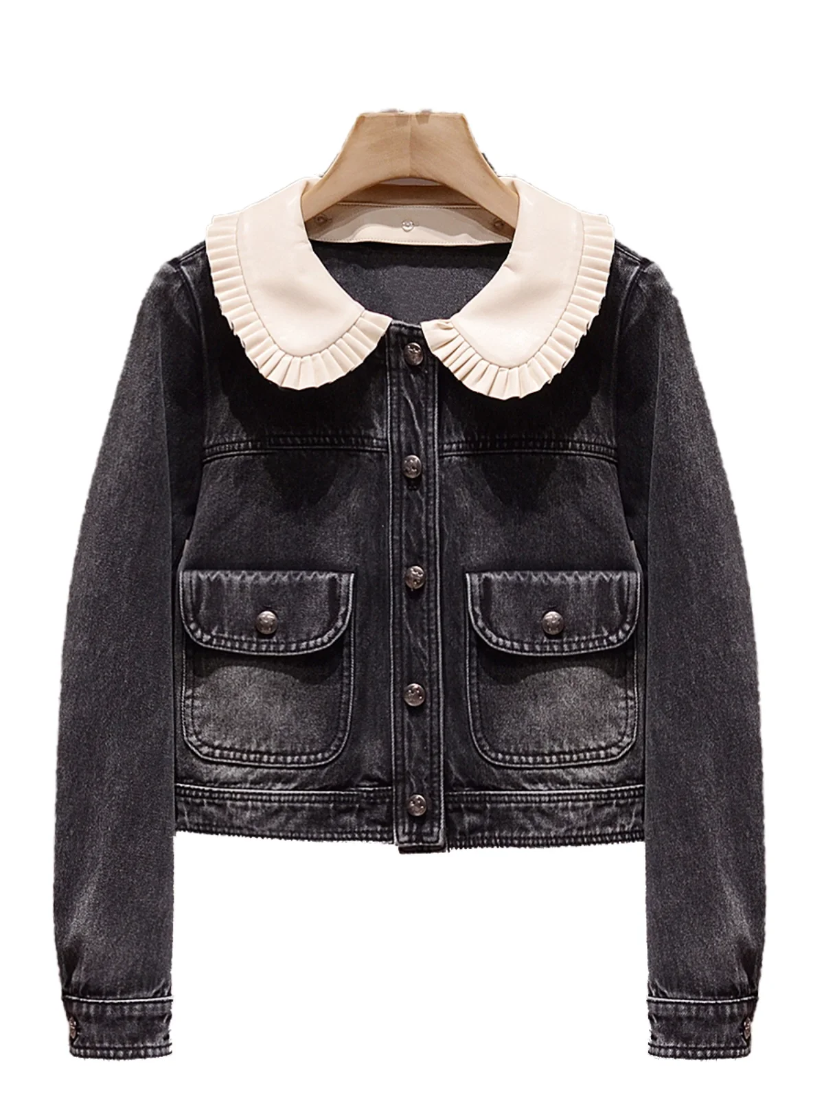 เสื้อแจ็คเก็ตยีนส์คอปกตุ๊กตา ดีไซน์เก๋ กระดุมเดี่ยว สไตล์สปริงใหม่ เสื้อคลุมผู้หญิงทรงตรง แขนยาว เหมาะสำหรับใส่ไปทำงาน