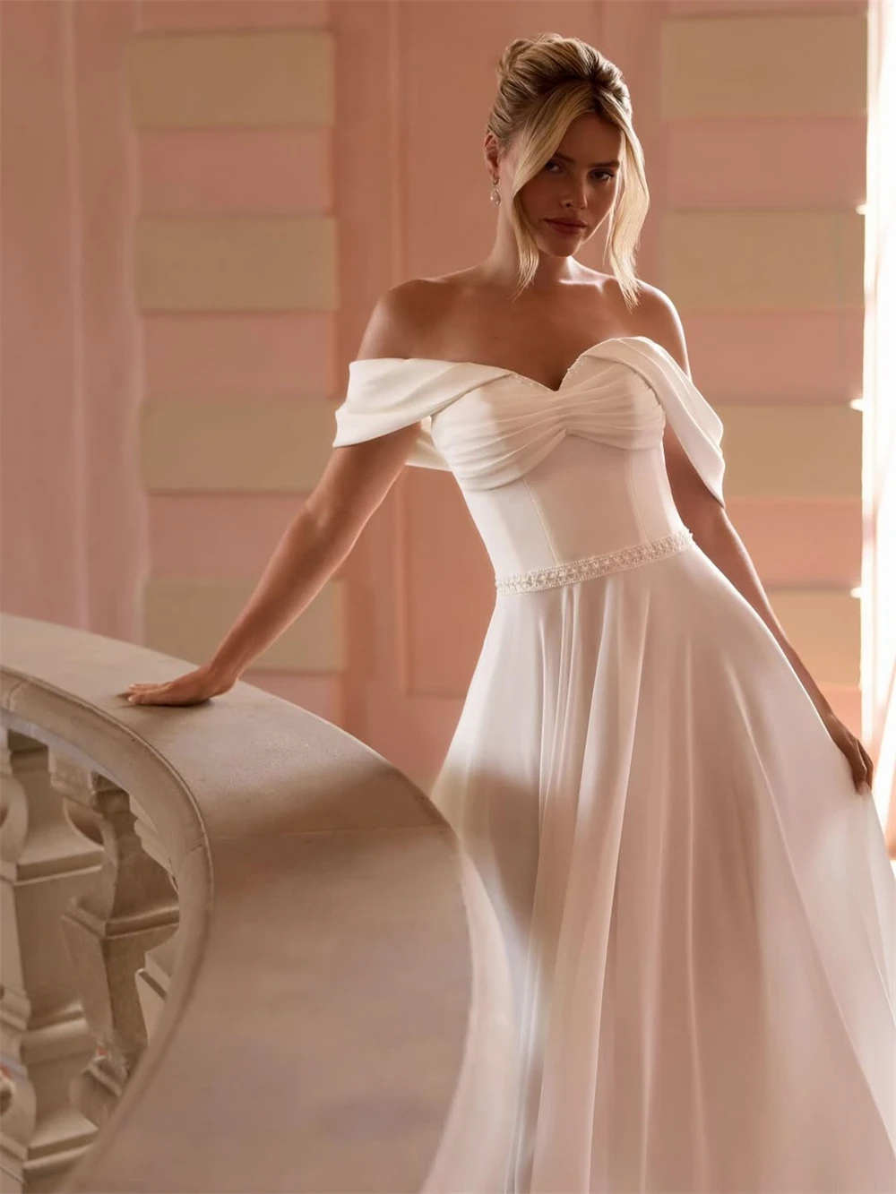 

Customized Sexy White Chiffon Wedding Dress Boho Sweetheart Off the Shoulder Bridal Gowns Soft A-Line Court Train Robe de mariée