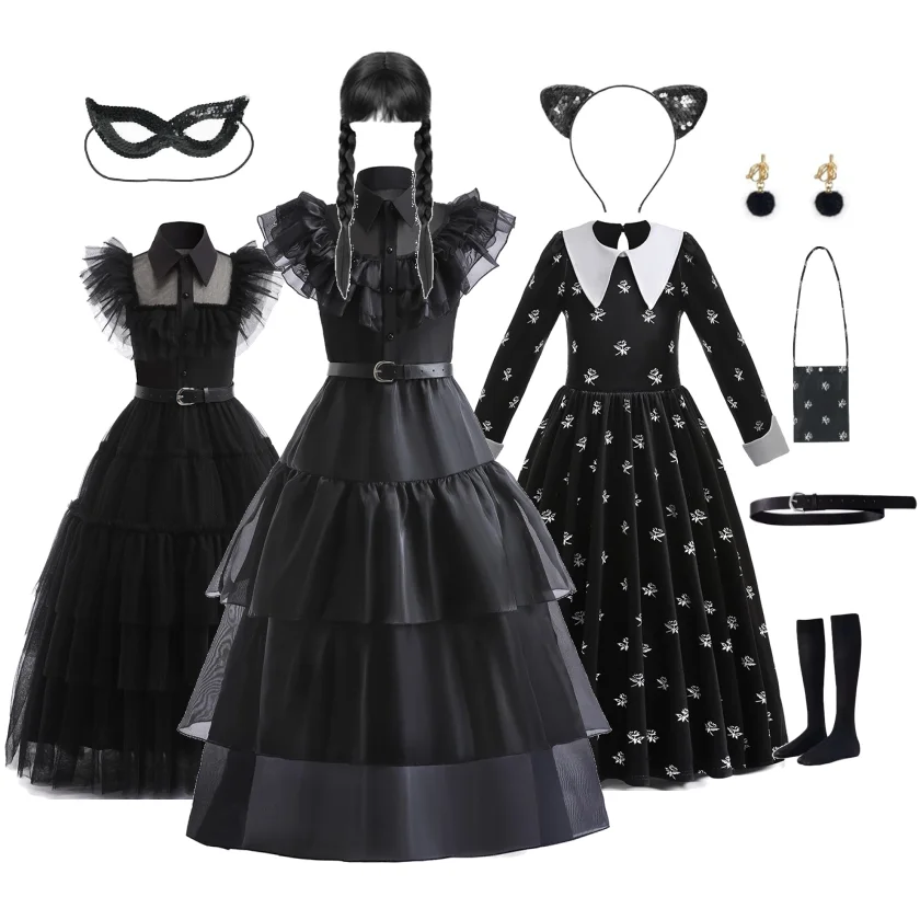 

Addams Cosplay Costume Black Princess Dress+Accessories For Kids Girls Wednesday Carnival Easter Halloween Party 5-14 Years