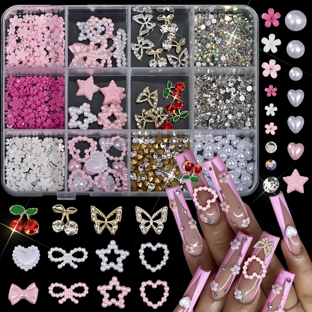 12-teiliges 3D Gemischtes Schmuckset für Nägel mit Schleifen, Herzen, Strasssteinen, Legierungsschmetterlingen, Kirschen, Perlen, Sternen und Schleifenperlen - Nageldekoration und Nagelzubehör