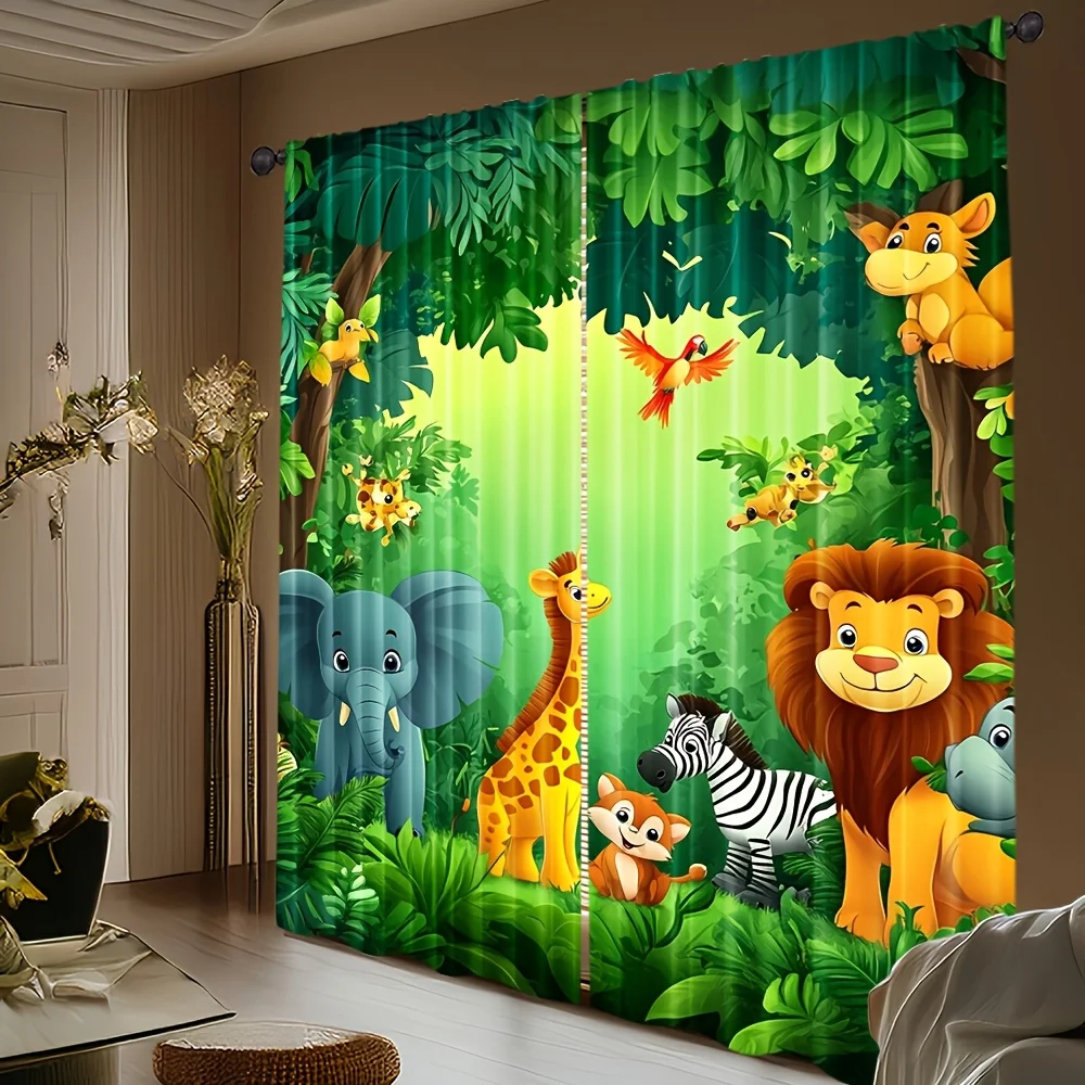 2pcs Cartoon Animal Curtains Jungle Safari Print Polyester Window Drapes for Kids Bedroom Nursery Baby Room Home Decor