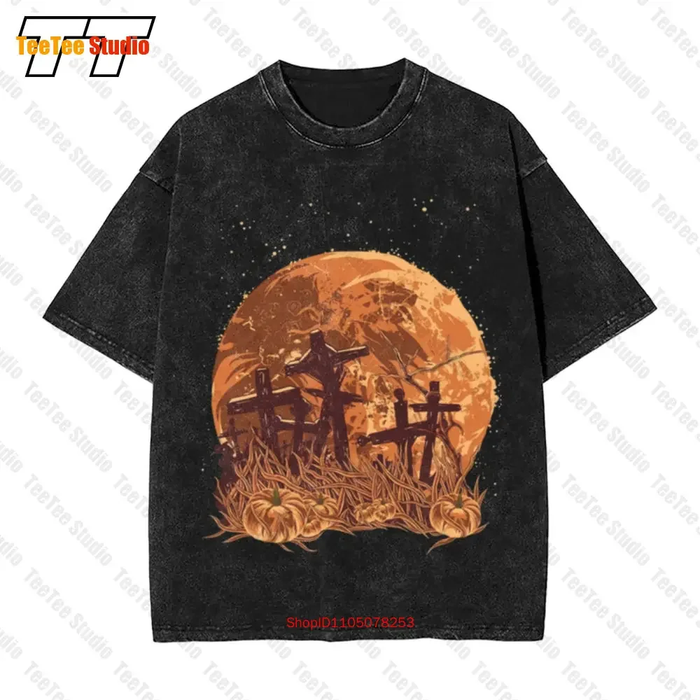 Idea Moon Graves Creepy Graveyard Horror Pumpkin Vintage Oversized T-Shirt 1XIG