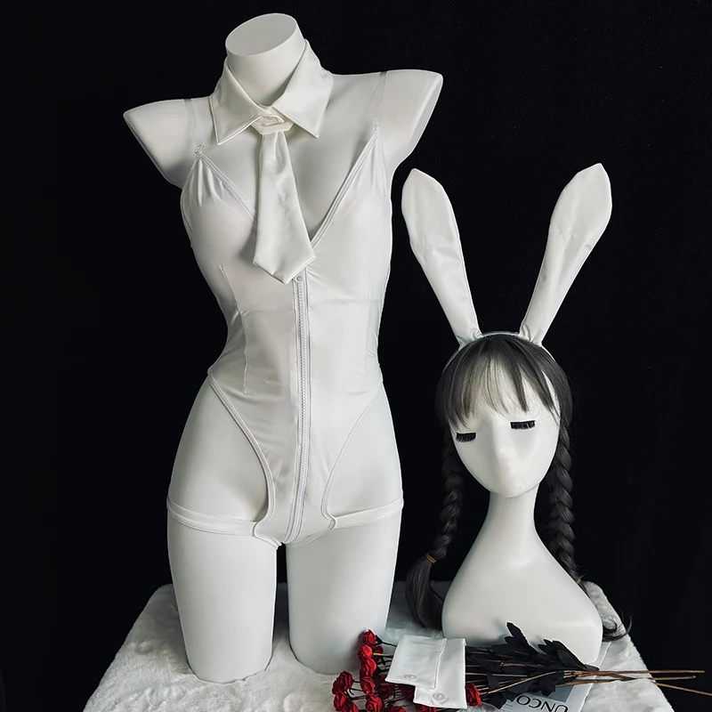 

Hot Erotic Original Sexy Cute Bunny Girl Cosplay White Faux Leather Zipper Jumpsuit Backless Halloween Temptation Anime Lingerie