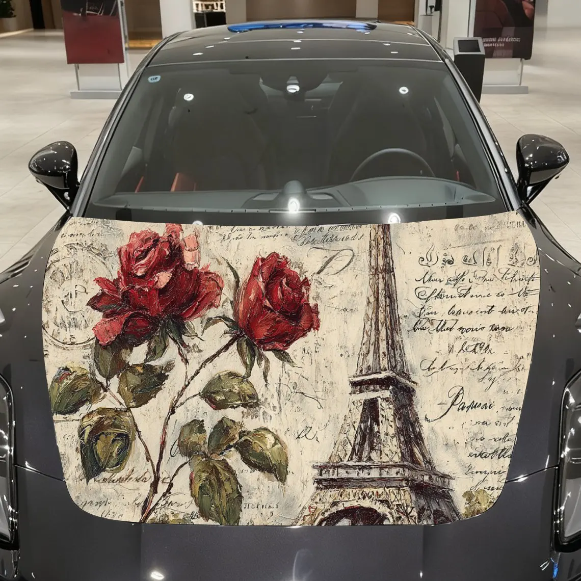 Unique Vintage Eiffel Tower Rose Car Cover Sticker, Auto Hood Decal, Car Exterior Scratch Resistant Decal, Trendy Gift for Car L