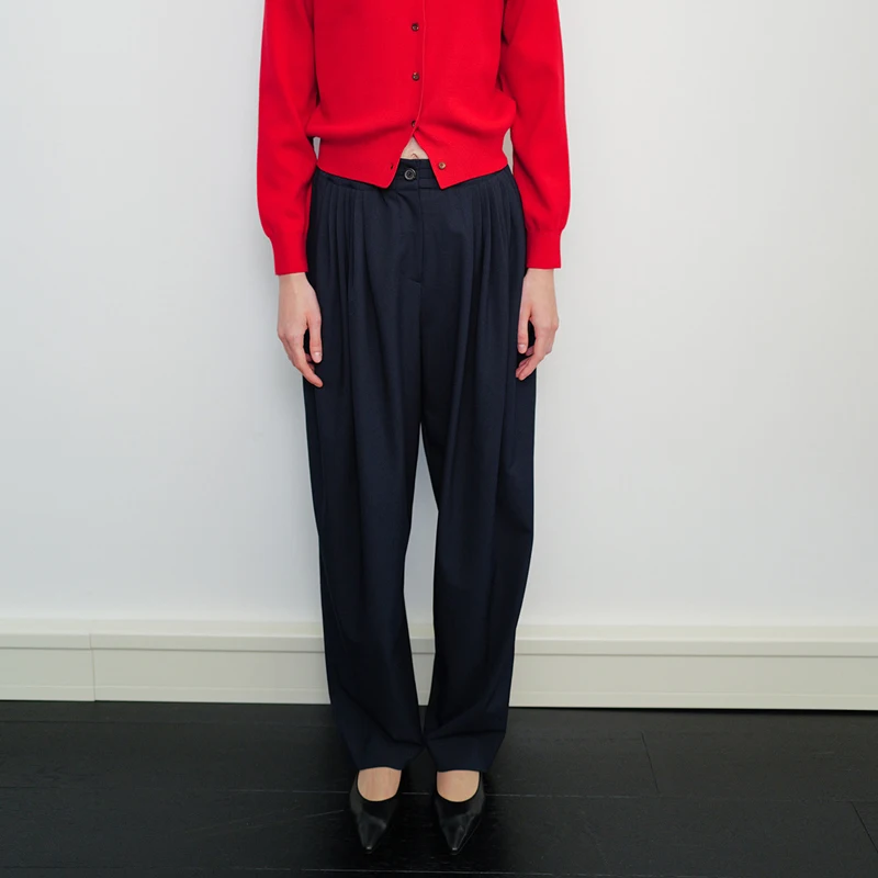 

Korean Sle High Waist Pleated Elastic Commuter Pants Casual Straight Leg Trousers Faionable Advanced Sense Long Pants