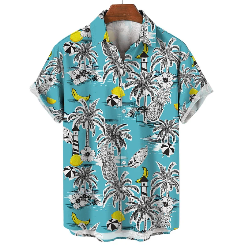 Camisa havaiana masculina com estampa 3D palmeira, tops de manga curta, blusa de lapela grande, roupa de rua, verão fresco