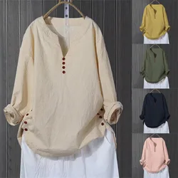 Long Sleeve T-Shirts For Women Pullover V Neck Loose Solid Color Women'S Shirts Side Button Comfortable Tee Blouses