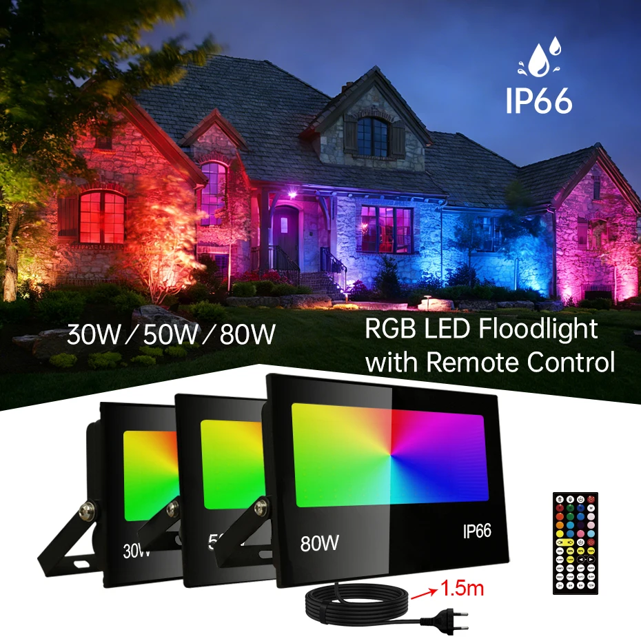 

LED Flood Light RGB Dimmable 30W-80W AC220V 110V Waterproof Outdoor Garden Projector Wall Lamp SMD3030 with IR Remote Control