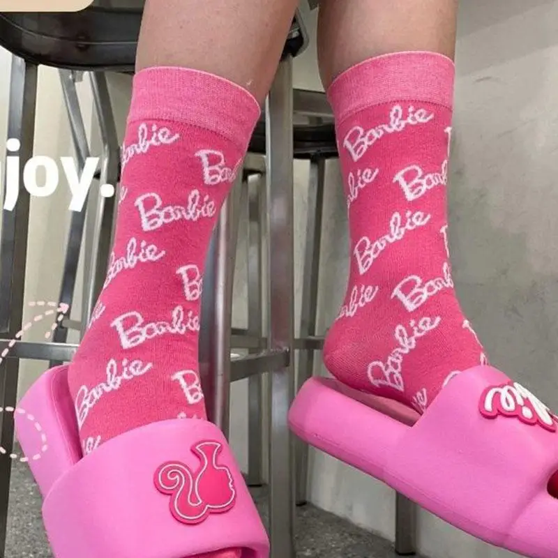 New Kawaii Cute Barbie Socks Mid Calf Socks Pink Barbie Letter Socks Sports Mid Calf Socks Trend Birthday Gifts Girlfriend Gifts