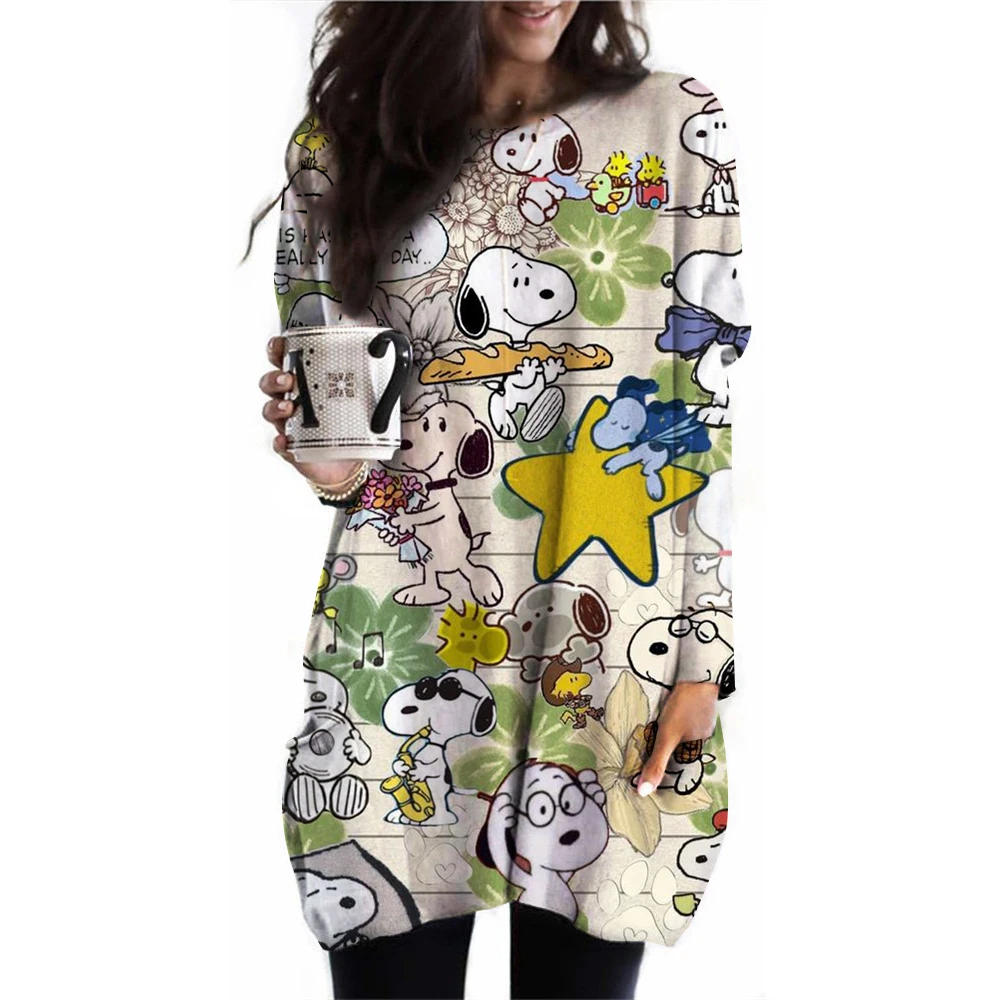 2024 Women\'s Long Sleeve Pocket Waist Top Snoopy Printed Women\'s Casual Loose Hoodie Plus Size Clothing