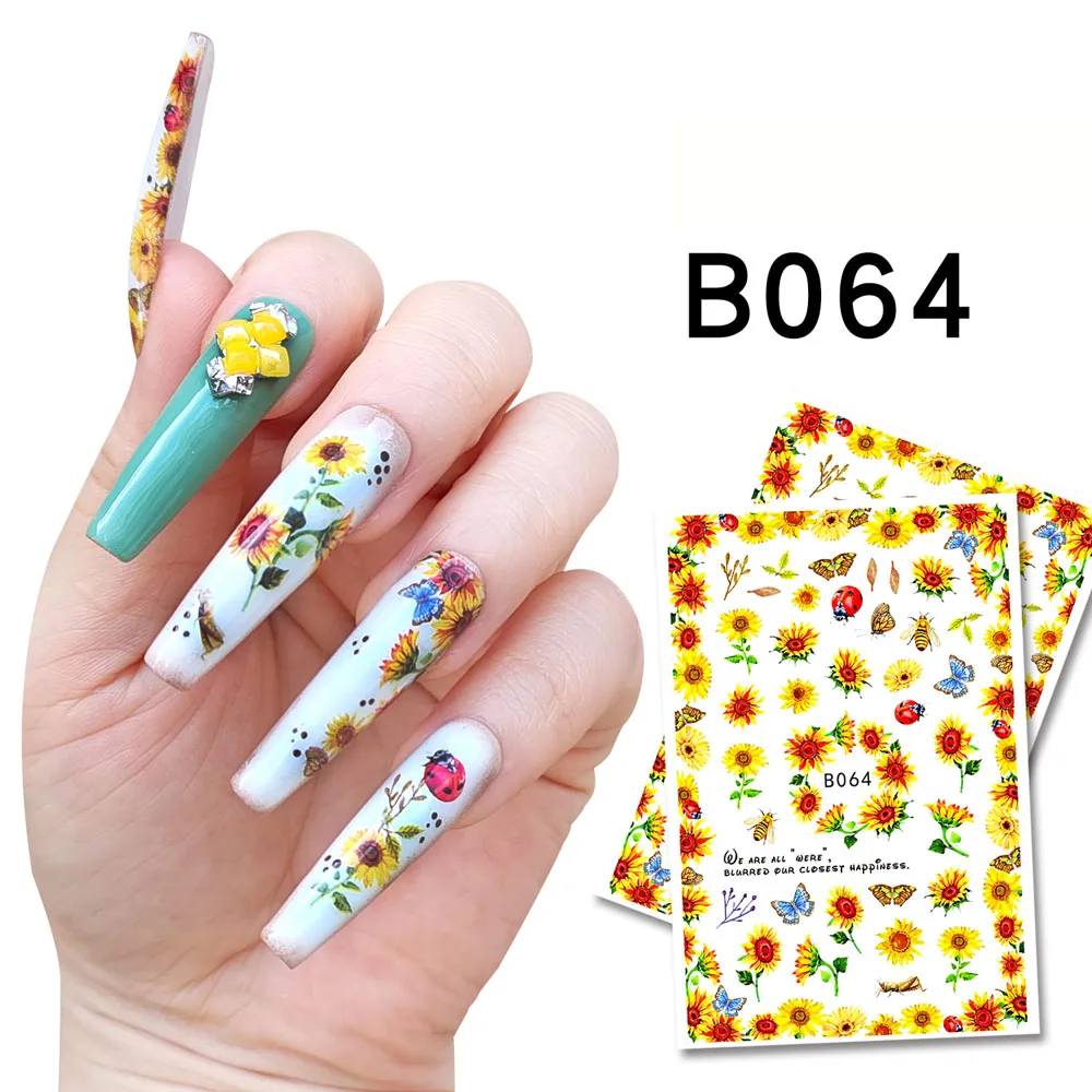 1 pçs 3d girassol adesivos de unhas auto-adesivo sol flor abelha borboleta pétalas manicure decorações da arte do prego decalques slider