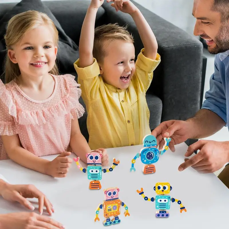 Juguetes De Construcción robóticos de madera para niños, bloques educativos, Kits Stem, 4 piezas, juego creativo, Robot de construcción