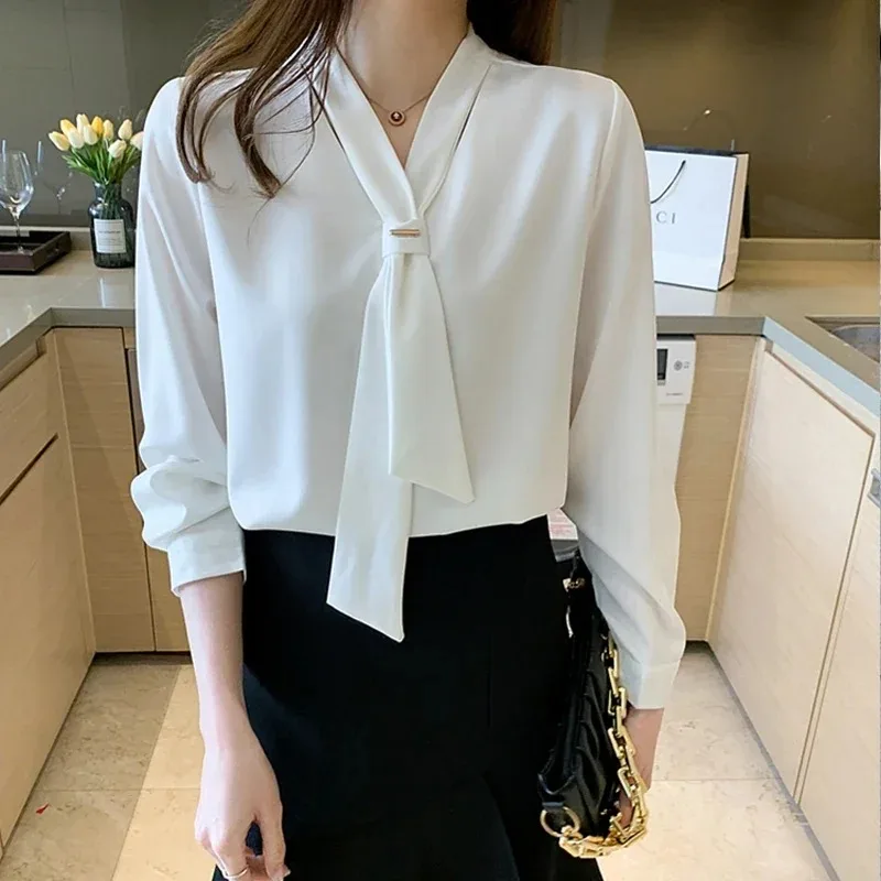 Fashion Chiffon Women Blouses and Tops Elegant Office Long Sleeve White Shirt with Tie V-Neck Loose Female Clothing Blusas 13022