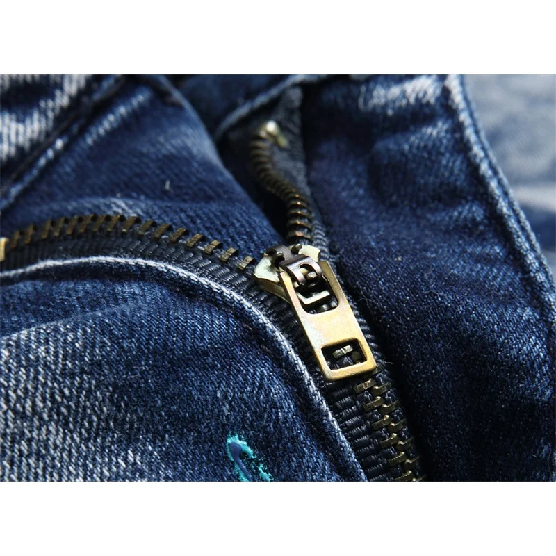 High street fashionable vintage print jeans men's slim fit skinny personality punk style nostalgic handsome motorcycle trousers