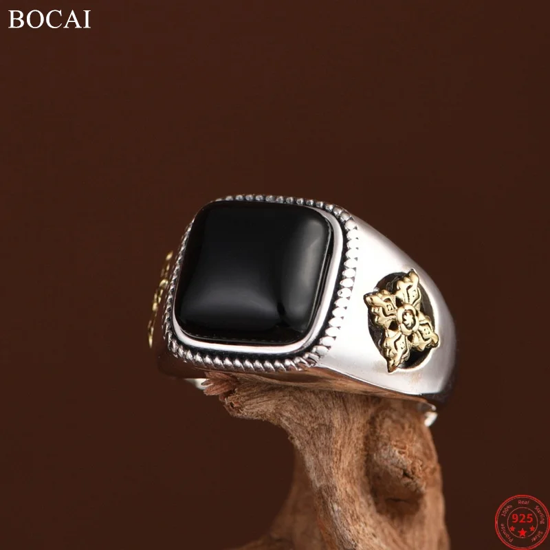 

Кольца BOCAI S925 из стерлингового серебра для мужчин и женщин в стиле ретро, золотой ваджрный крест, инкрустация, черный агат, модные ювелирные изделия в стиле панк, оптовая продажа