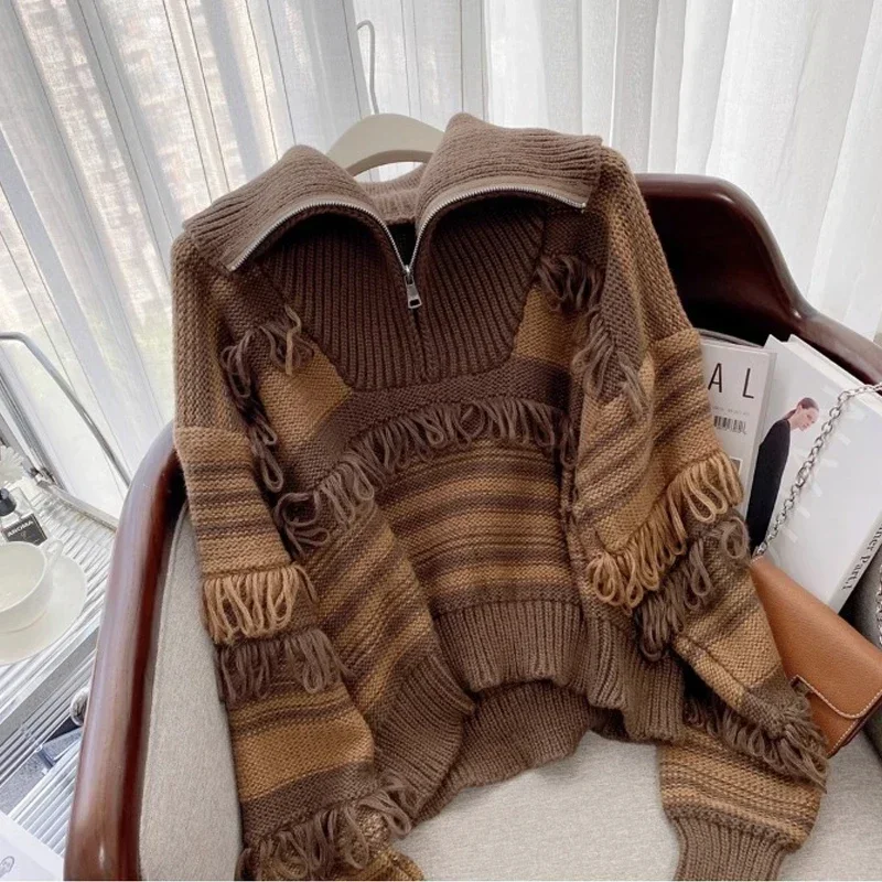 

Vintage Tassel Zipper Long Sleeve Knitted Sweater Woman Fashion Stripe Turtleneck Sweaters Women Autumn Winter Jumpers Top 29593