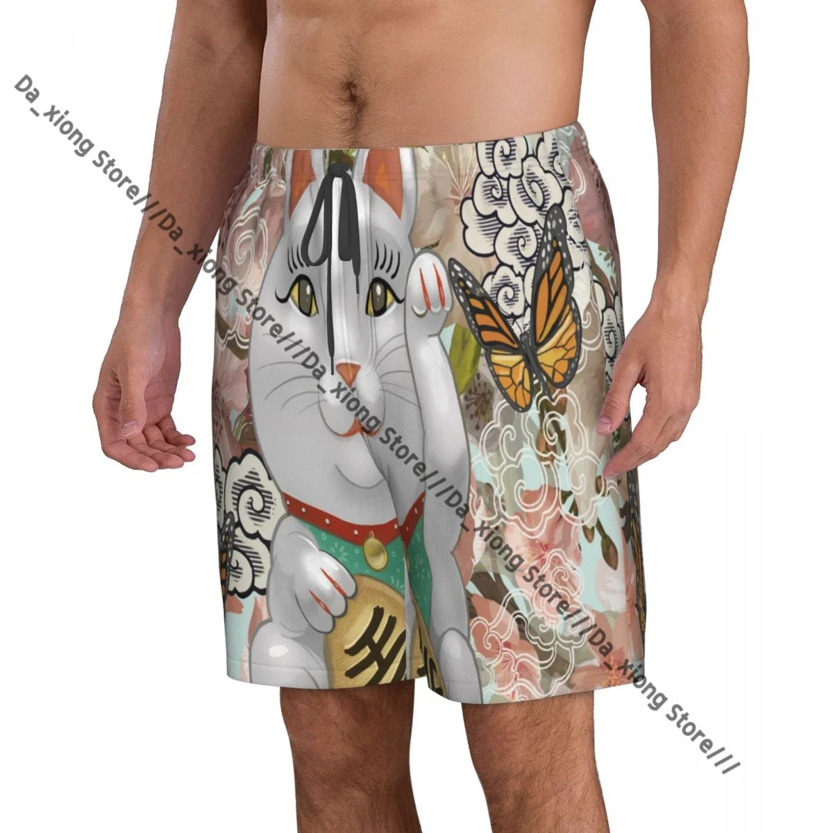 Men Beach Short Quick-drying Swimming Trunk Lucky Cats And Flowers Swimwear Swimsuit Bathing Shorts