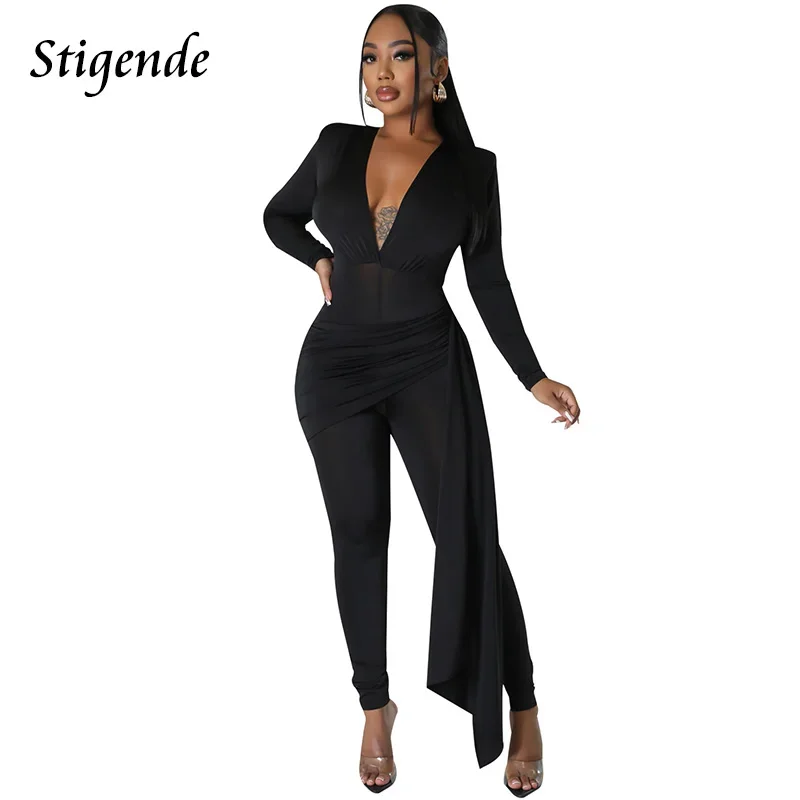 Women Sexy Deep V Neck Long Sleeve Skinny Pencil Jumpsuit