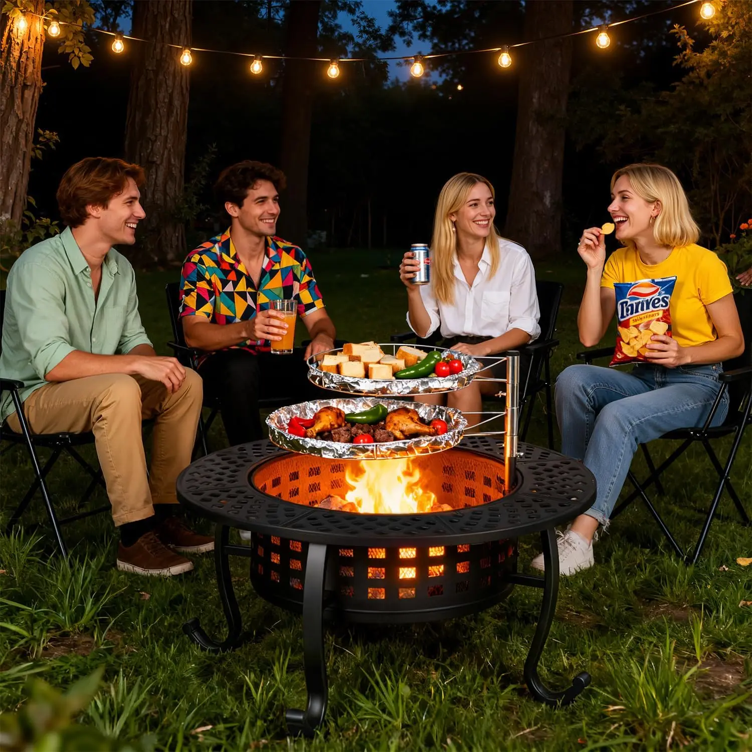 36 Inch Round Metal Fire Pit Table With 2 Adjustable Grills Wood Burning Firepit With Lid And Fire Poker Portable Outdoor Cooking Station For Patio Picnic Party Black 1 Pack