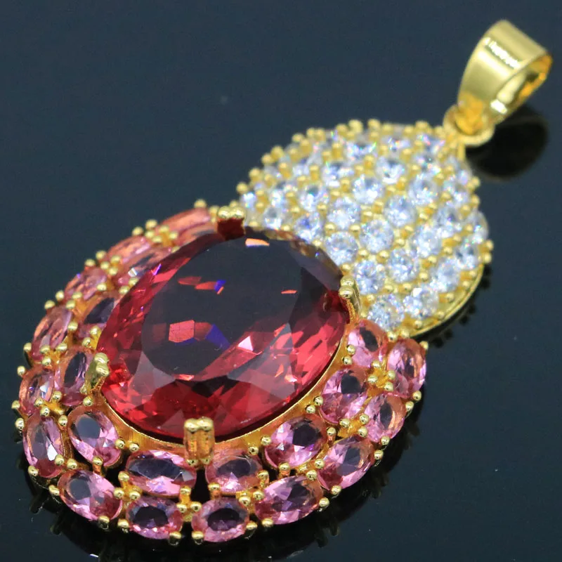 52x26mm Eye Catching Big Gemstone 9.5g Pink Tourmaline White CZ Women Dating Gold Silver Pendant