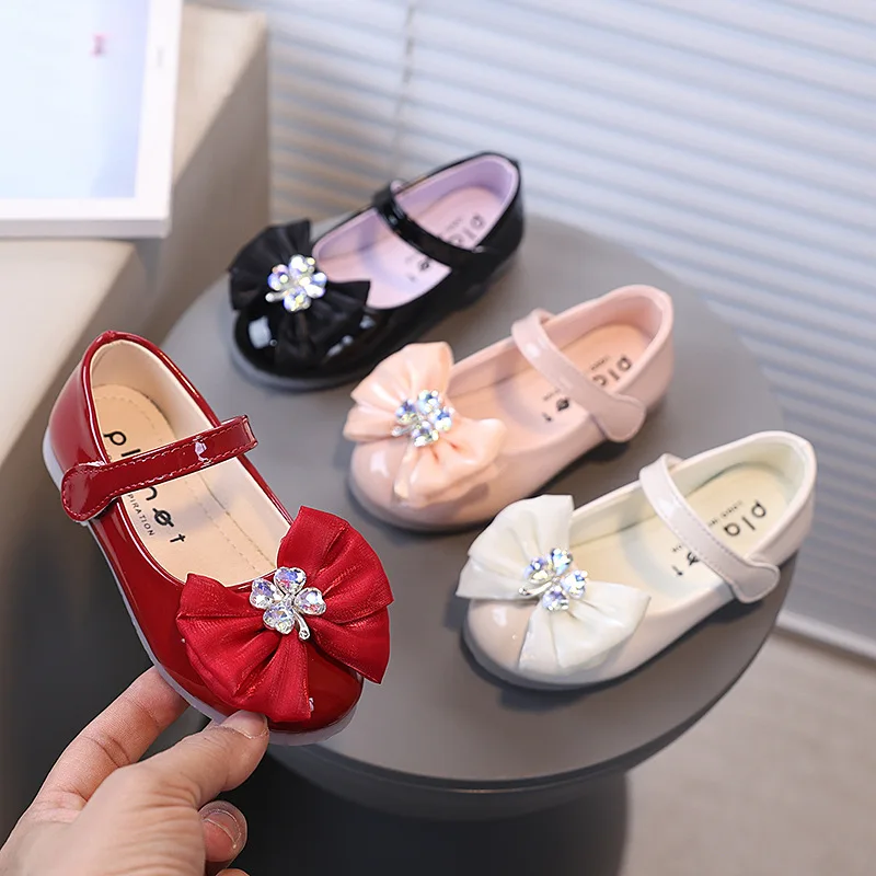 Fashion Girl Shoe Spring New Bow Princess Shoe Rhinestone Party Performance Shoes Soft Sole Kids Shoes Chaussures Enfant Fille