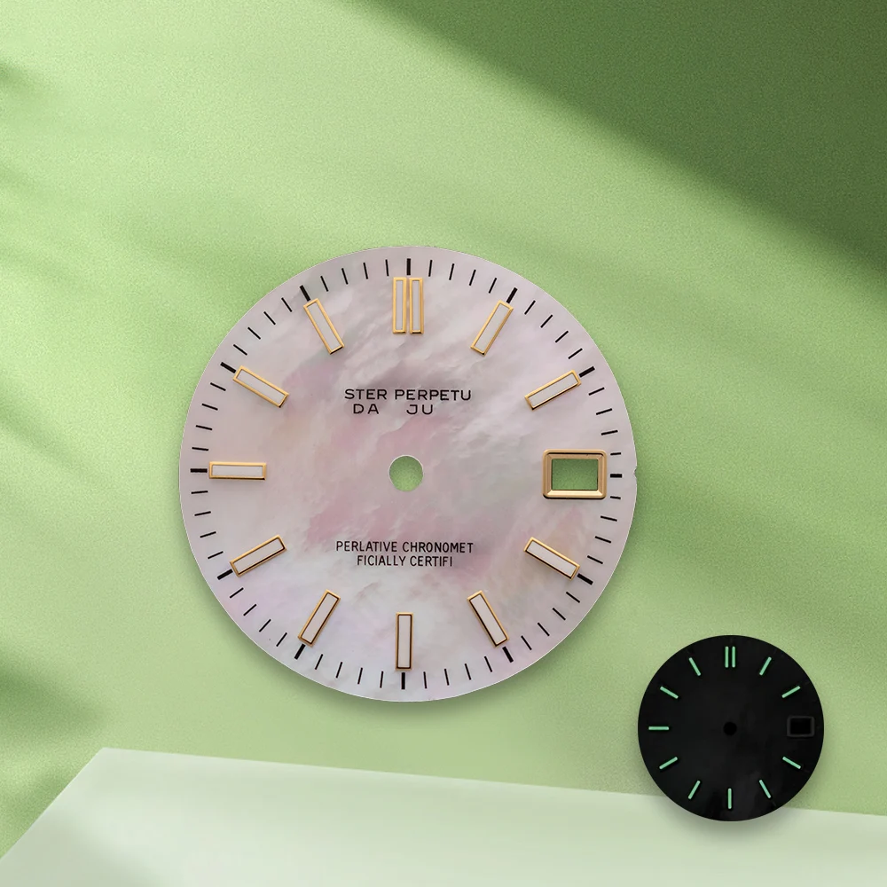 28.5mm S Logo journal NH35 Mother pearl Dial No Hands Fit NH36 Movement Green Luminous Watch Modification Accessories