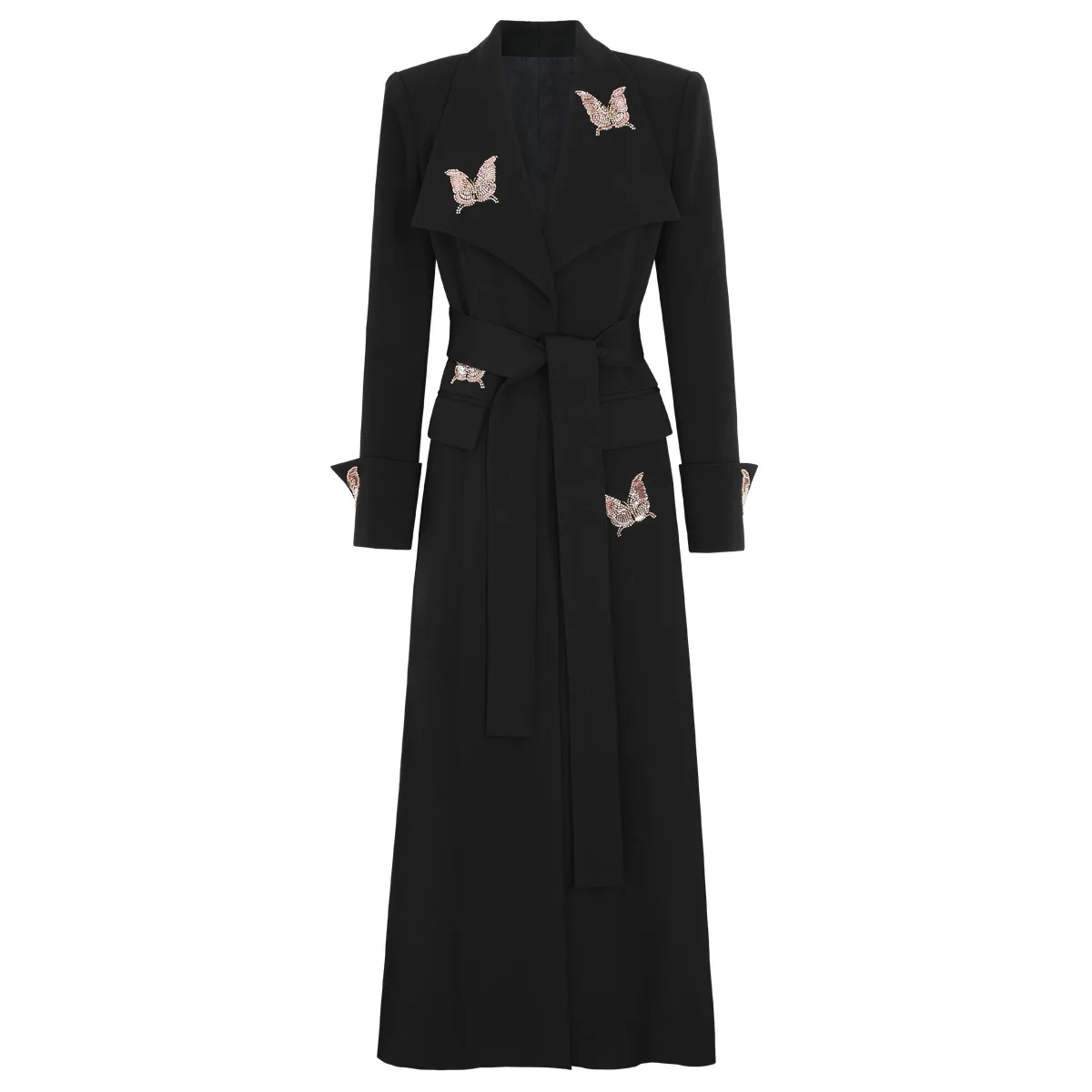 Women Elegant Long Lapel Coat 2026 New Butterfly Embroidery Belted Waist Formal Evening Maxi Overcoat Female Party Outwear