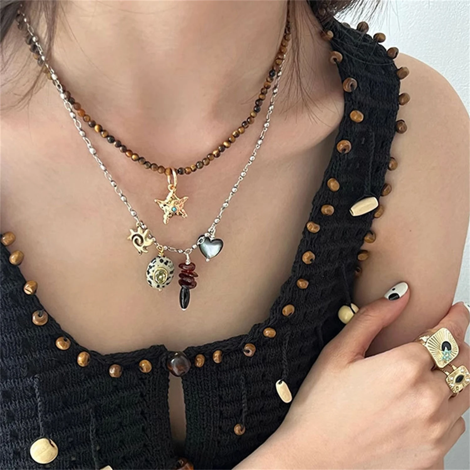 

WAKA Boho Layered Necklace Set for Women Vintage Star & Heart Charm Pendant Necklaces Y2K Beaded Chain Statement Jewelry Gift