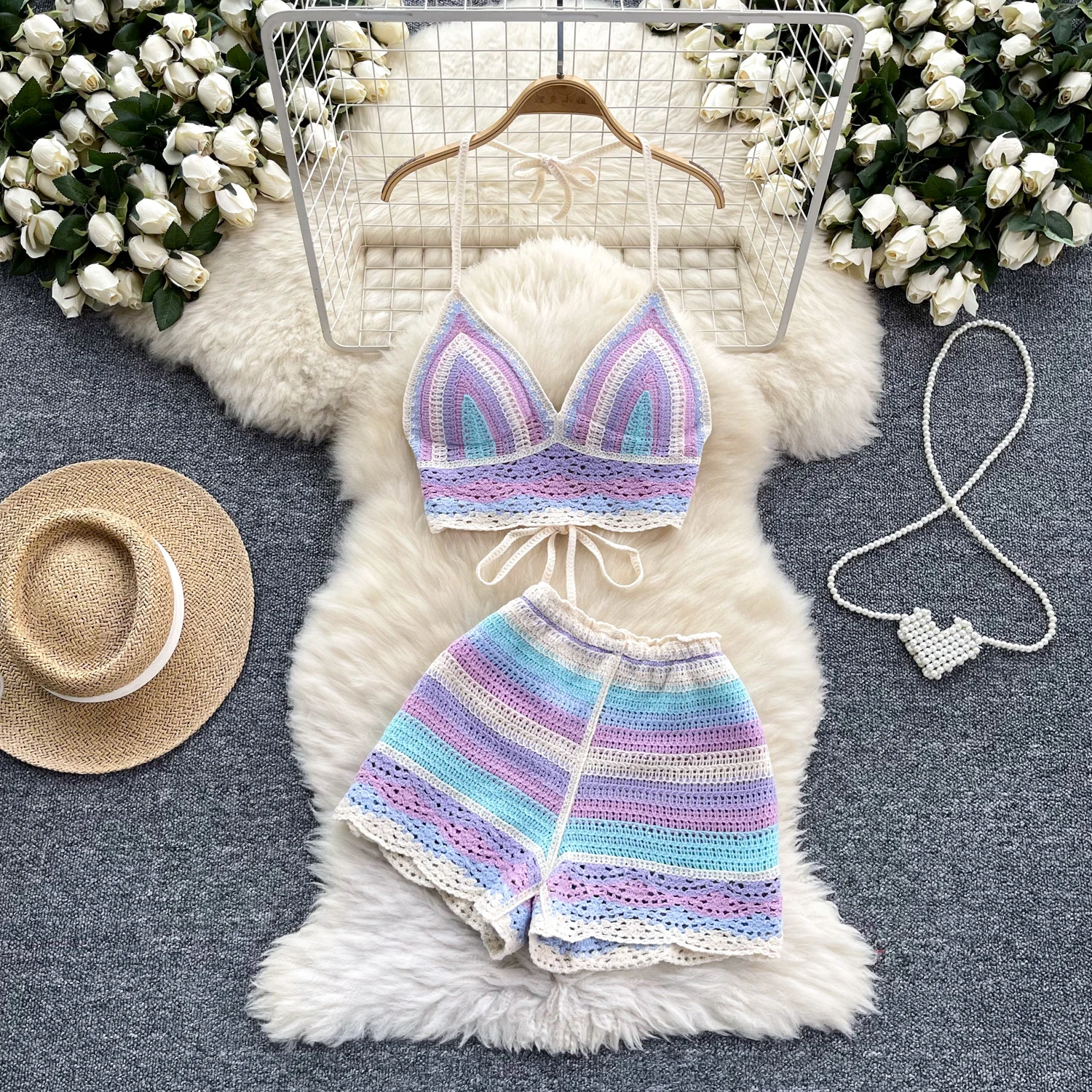 2025 Beach Vacation Knit Women Co-ord Set Crochet Knit Halter Sleeveless Lace Up Camis and Shorts 2pcs Suits Summer Outfit