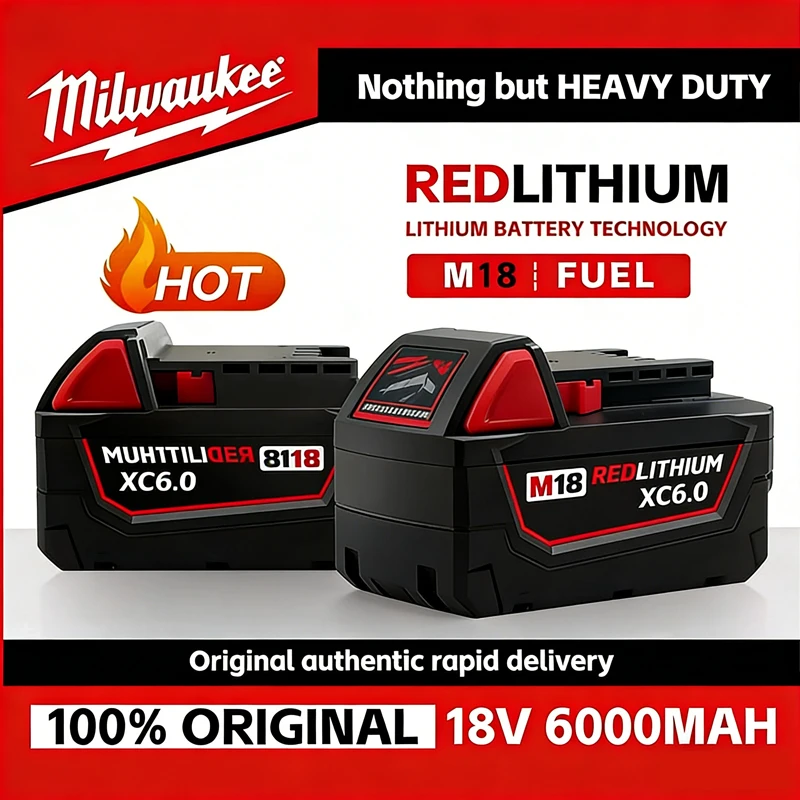 

New 100% Milwaukee M18 6000mAh 5000mAh Battery, 18V RED Lithium-Ion Replacement Battery for 48-11-1860 2604-22 M18 Power Tools