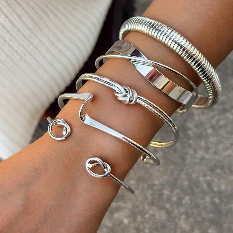 

Fashion Simple Geometric Cross Wave Stackable Bangle for Women Vintage Silver Color Knot Cuff Bracelet Punk Jewelry Accessories
