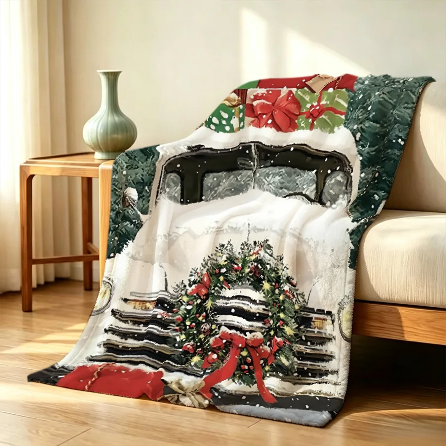 1PC Christmas poinsettia wreath truck snowman printed flannel blanket, 2D single-sided printed sofa bed decorative blanket