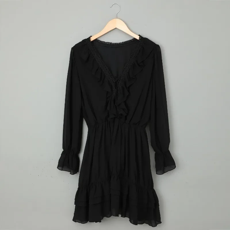 2024 New Women's Ruffles Lantern Sleeve Dresses Spring Autumn Long Sleeve Dress with Bandage Elegant Solid Colors Dress NASY0021