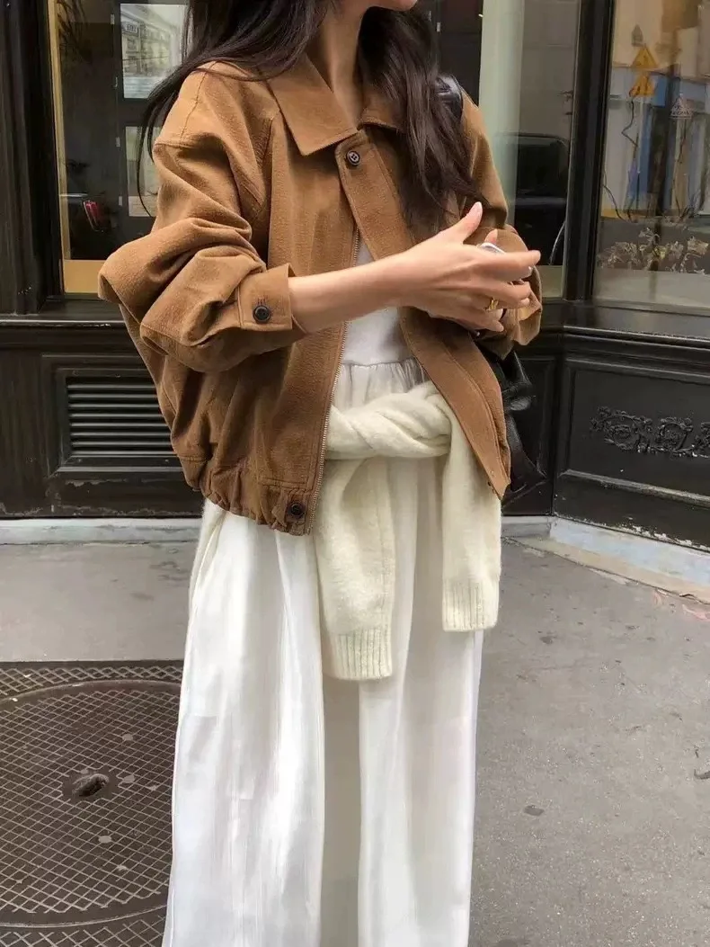 

Smoid Vintage Corduroy Short Jacket Retro Style Women's Warm Outerwear Loose Fit Pure Color Motorcycle Jacket with Pockets