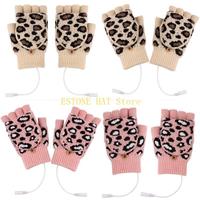49MF Women Men Winter Knitted USB Heated Fingerless Gloves Leopard Jacquard Adjustable Temperature Timer Convertible Mittens