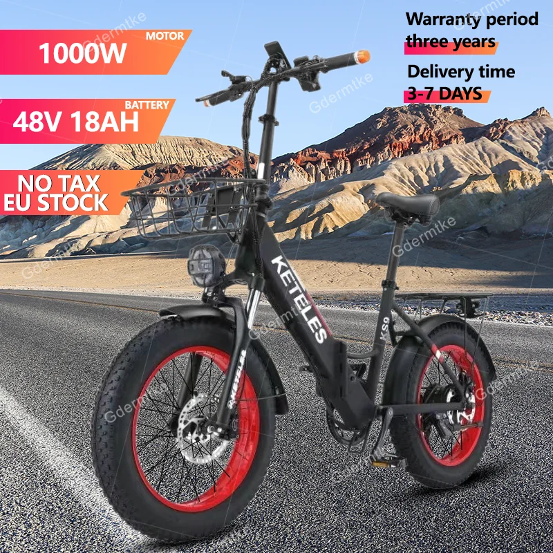 E Bike Folding 1000W Powerful Motor 48V18AH Lithium Battery 20-inch Fat Tire Electric Bike with Basket Mountain Electric Bicycle