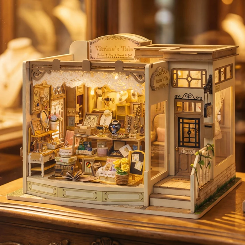 

Набор для сборки миниатюрной деревянной ювелирной лавки DIY с мебелью и LED-подсветкой, кукольный домик, подарок на день рождения для друзей