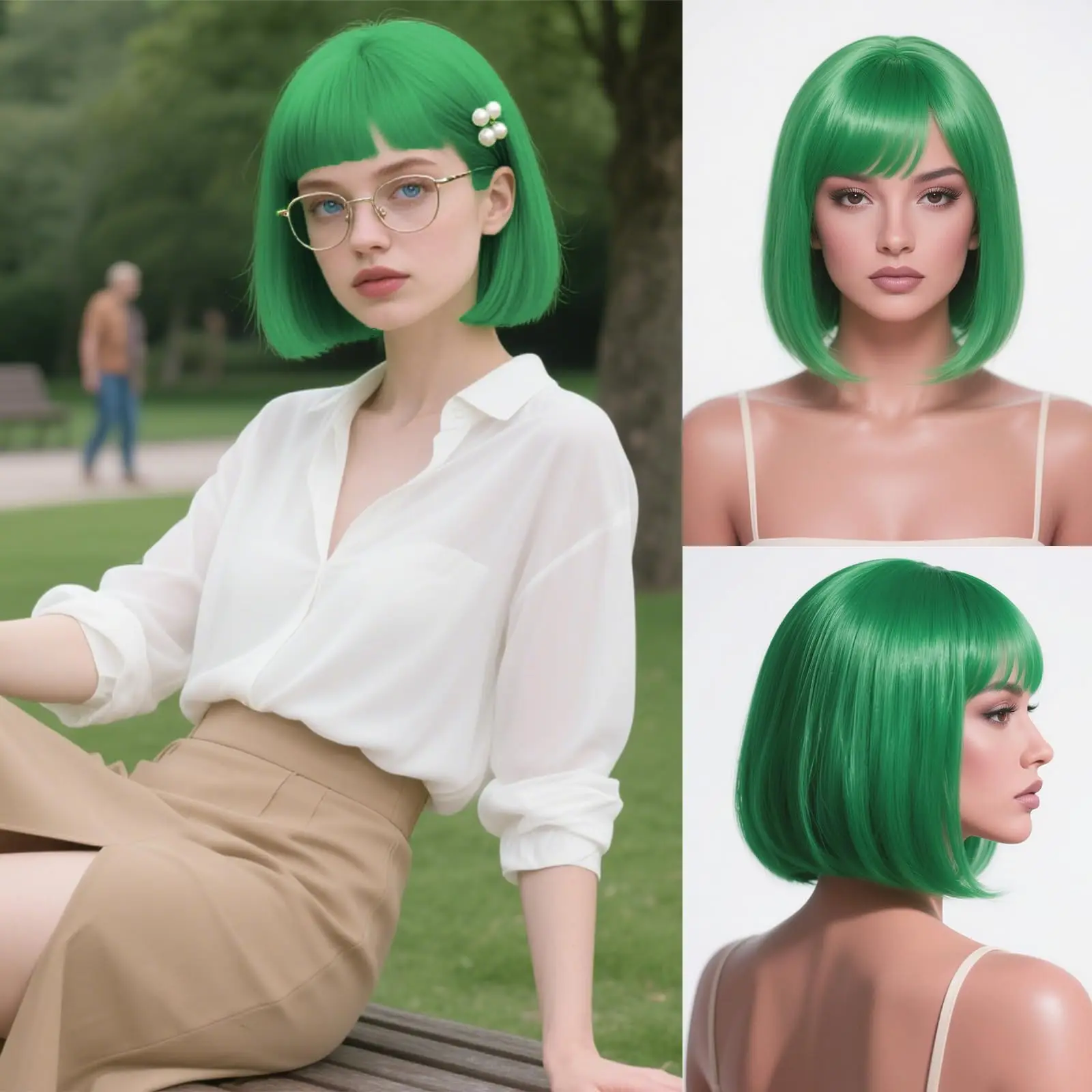 

Green bob hairstyle synthetic wig for cosplay at parties, Halloween wig, daily high-temperature hair accessory wig set