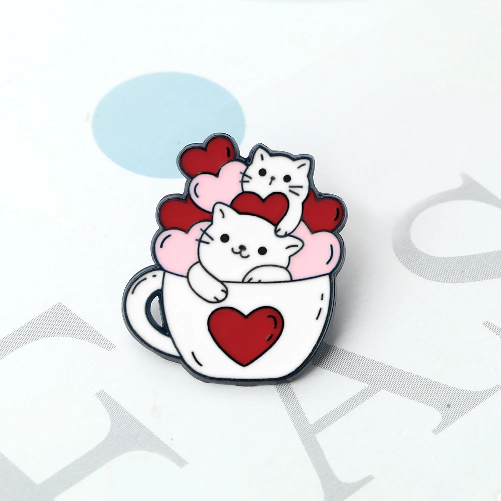 Full Of Love Heart Wink Kitten Metal Pin Cute Cup Jar White Cat Cartoon Brooch Enamel Meow Lapel Badge Pin Denim Clothes Jewelry