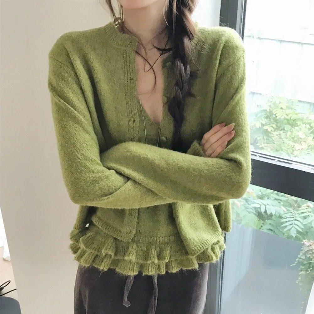 Korean Style Early Spring New Ageless Inner Wear Lace Trim Long Sleeve Knitted Sweater Two Piece Set Women's Fashion Commute ...