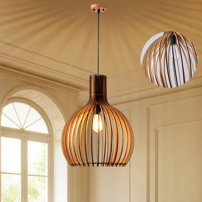 

LED Semi Globe Ceiling Pendant Light E27 Fixture Handmade Wooden Vintage Chand Home Living Room Decor Hanging lustre
