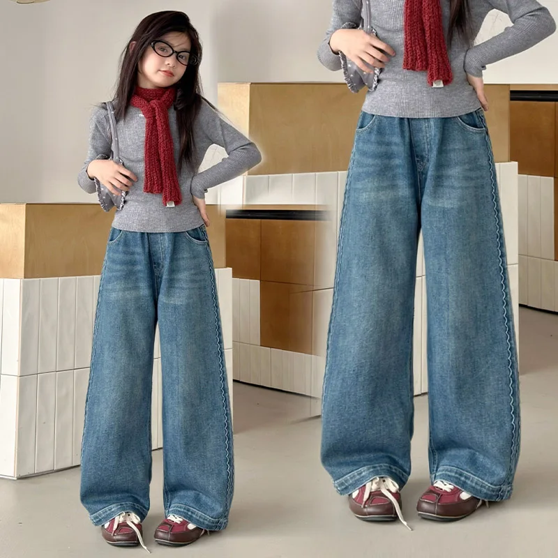 Kids Fashion Jeans Side Pattern Design For Girl New Casual Wide Leg Denim Pants Child Spring Autumn Bootcut Baggy Trousers