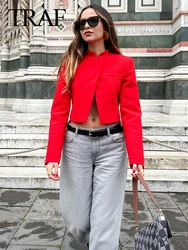 TRAF 2024 elegante donna giacca corta con risvolto rosso Vintage manica lunga con bottoni a pressione capispalla femminile Chic top giacca corta