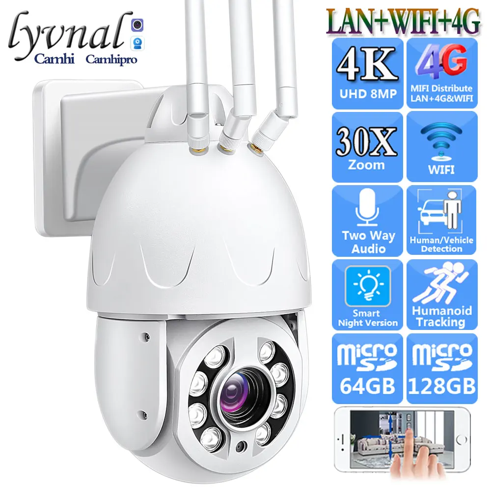 3G 4G SIM Card Sonyimx 415 4K 8MP Wireless IP Camera Wifi PTZ Dome 30X Zoom Two Way Audio Human Tracking Color Night Vision 