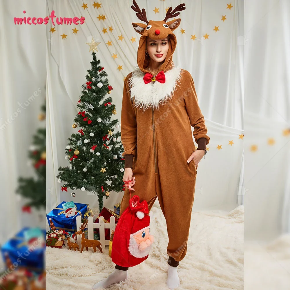 Women Christmas Onesie Reindeer Design Adult Onesie Pajama Long Sleeve Hooded Kigurumi Nightwear Costume