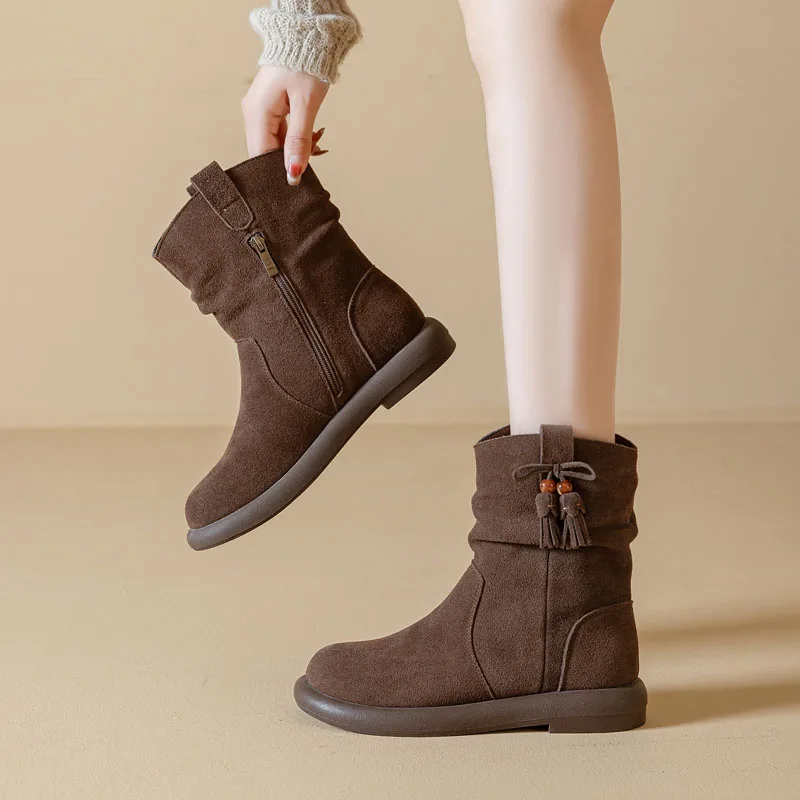 DRKANOL Women Winter Plush Warm Mid Calf Boots Quality Cow Suede Leather Pleated Slip On Flats Heel Retro Style Casual Boots