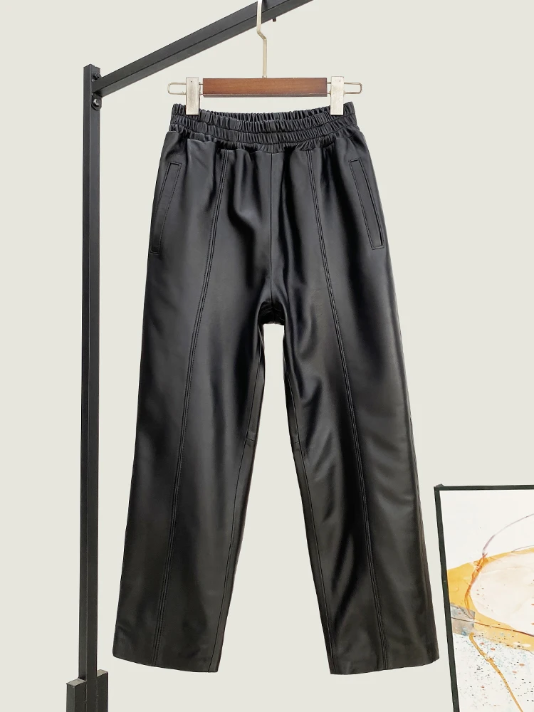 High Quality Genuine Real Leather Pants Women's Loose Winter New Fashion All-Match Waist Sheepskin Ankle-Length