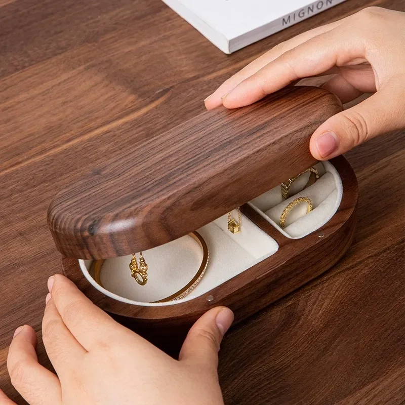 Black Walnut Oval Jewelry Box Solid Wood Storage Case New Chinese Style Elegant Ring Necklace Organizer Gift Packaging
